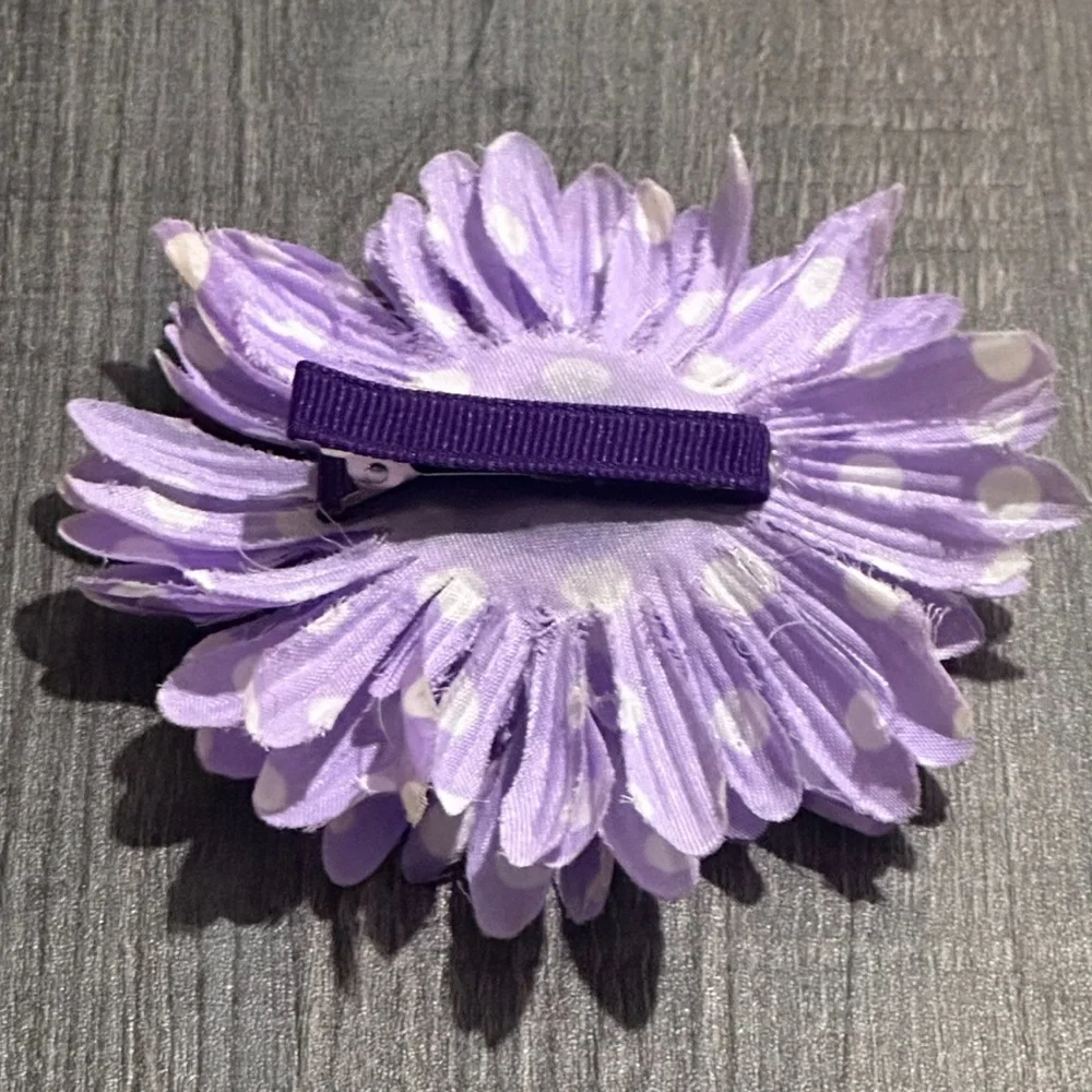 💞 Large Purple Polka Dot Flower Hair Clip with Large Clear Center Gem